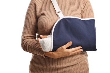 Woman with a broken arm in a sling isolated on white background