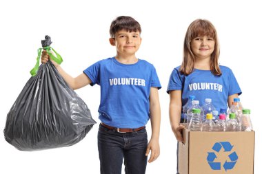 Children volunteers holding a waste bag and recycling cardboard box isolated on white background