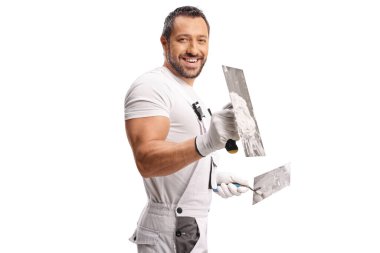 Plasterer holding a trowel with a skim coat isolated on white background