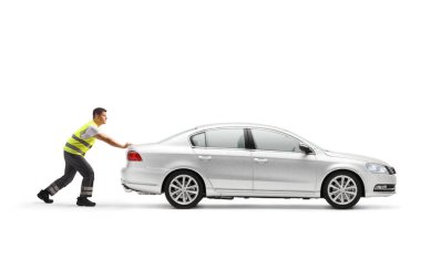 Road assistance worker pushing a vehicle isolated on white background