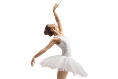 Beyaz arka planda tek başına dans eden bir balerinin profil çekimi