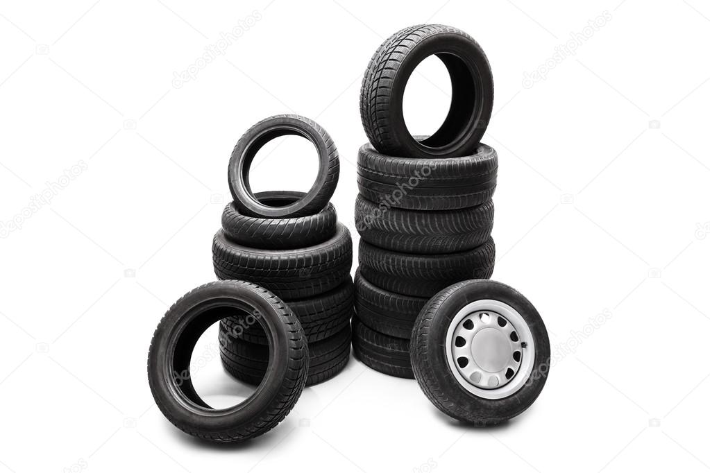 Car tires piled up in two stacks