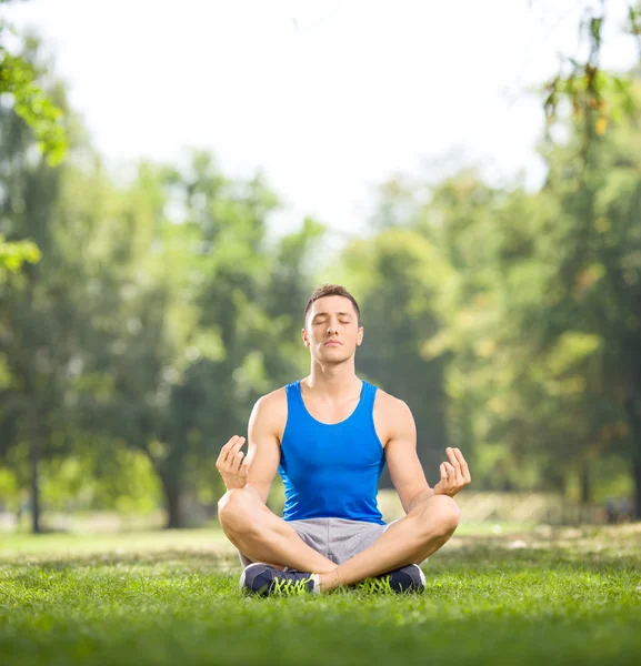 Pratik Yoga bir parkta genç adam — Stok fotoğraf