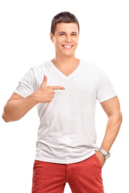 Man pointing with finger to his left