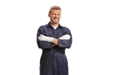 Beyaz arka planda izole edilmiş genel üniformalı bir işçi