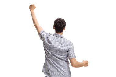 Beyaz arka planda kollarını kaldırmış mutlu bir adamın arka plan görüntüsü.