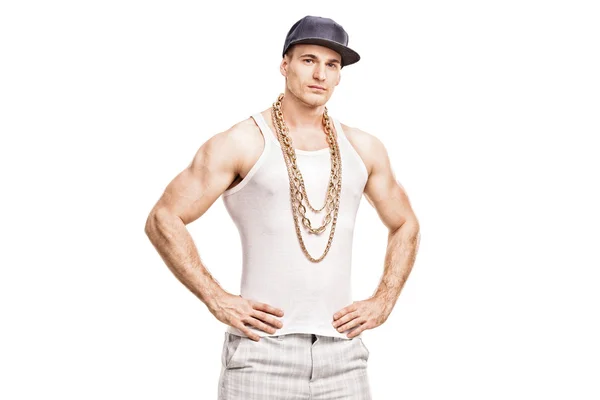 Rapper with a blue cap and a golden chain — Stock Photo, Image