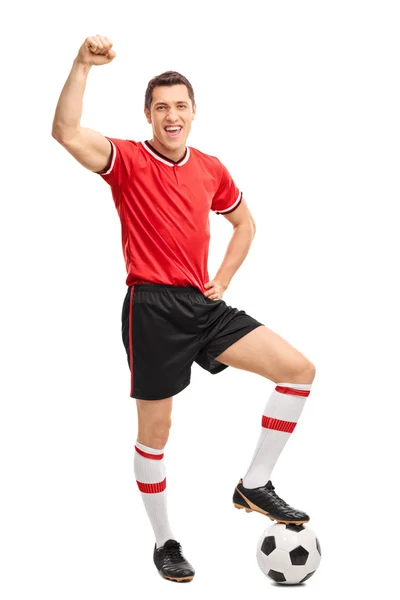 Joyful football player gesturing happiness — Stock Photo, Image