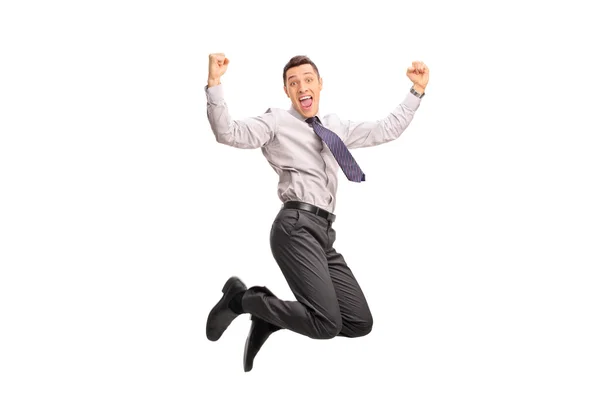 Overjoyed businessman jumping out of joy — Stockfoto