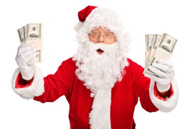 Santa Claus holding stacks of money