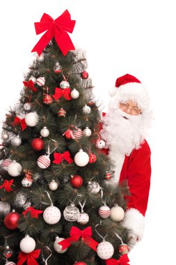 Santa Claus behind a Christmas tree