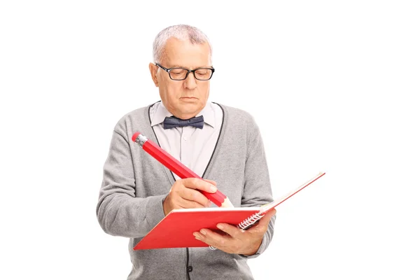 Reifer Lehrer schreibt etwas in ein Notizbuch — Stockfoto