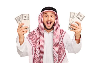 Arab holding few stacks of money