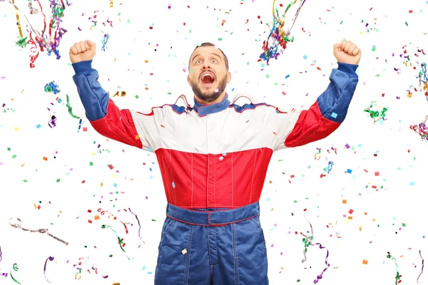 Overjoyed car racer celebrating victory — Stock Photo, Image