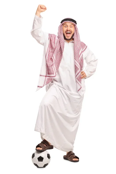 Arab with football gesturing happiness — 스톡 사진