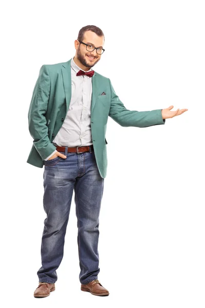 Fashionable guy gesturing with his hand — Stock Photo, Image