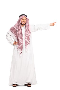 Arab in a white robe pointing right