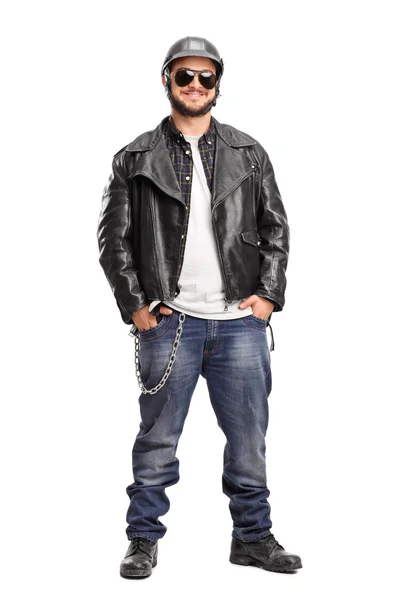 Male biker in a black leather jacket — Stock Photo, Image