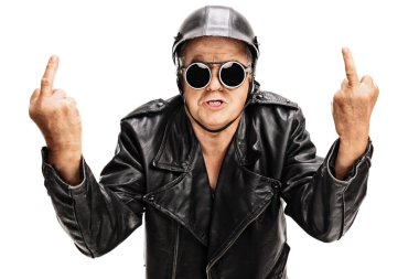 Angry biker showing middle fingers