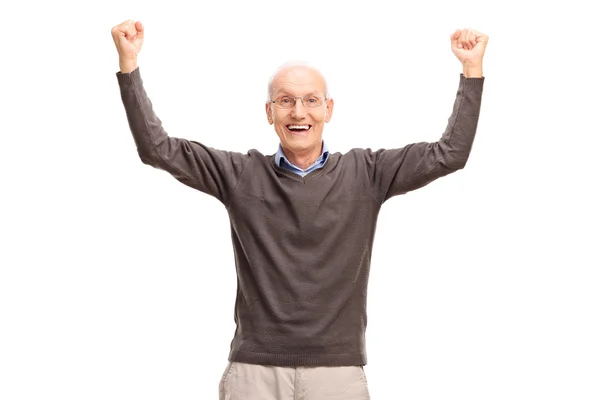 Felice uomo anziano gesticolando gioia — Foto Stock