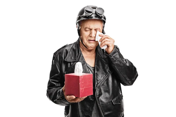 Disappointed senior biker crying — Stock Photo, Image