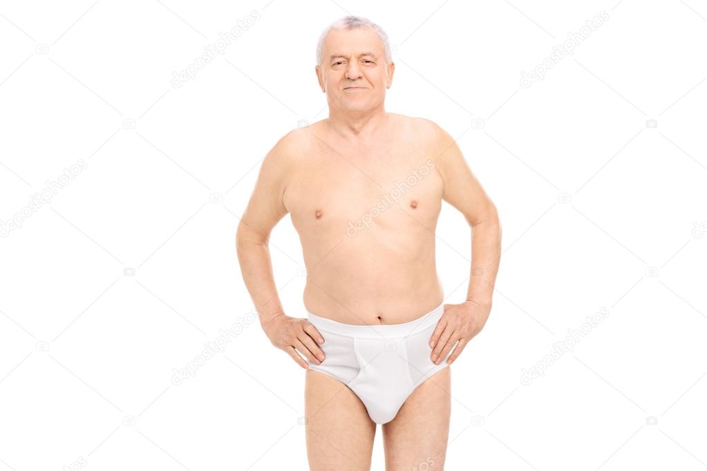 Senior man posing in white underwear - Stock Photo, Image. 