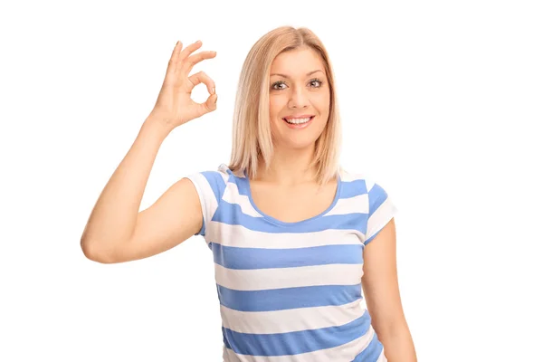 Joyful woman making OK sign — Stock Photo, Image