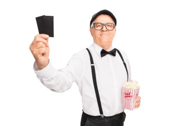 Elegant senior gentleman with tickets and popcorn clipart
