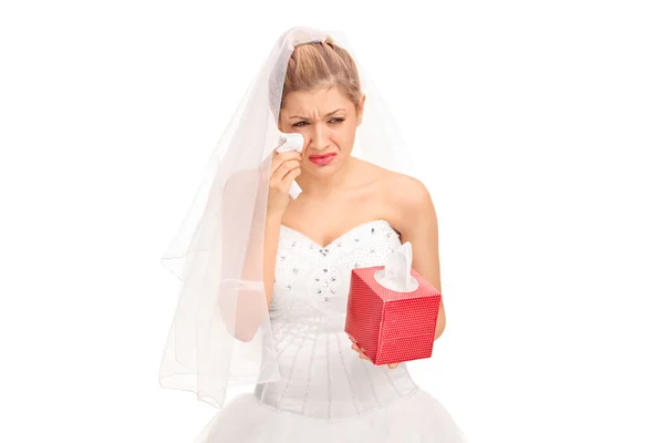 Young bride in a wedding dress crying — Zdjęcie stockowe