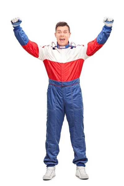 Overjoyed car racer gesturing happiness — Stock Photo, Image