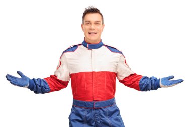 Confident car racer gesturing with hands 