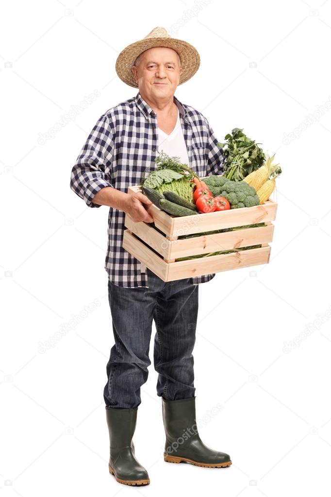 Mature farmer with a crate full of vegetables 