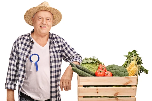 Fermier mature avec caisse pleine de légumes — Photo