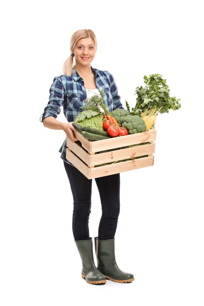 Granjera sosteniendo una caja con verduras — Foto de Stock