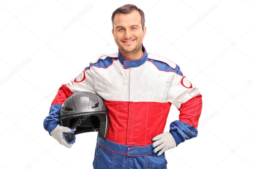 Young car racer holding helmet — Stock Photo © ljsphotography