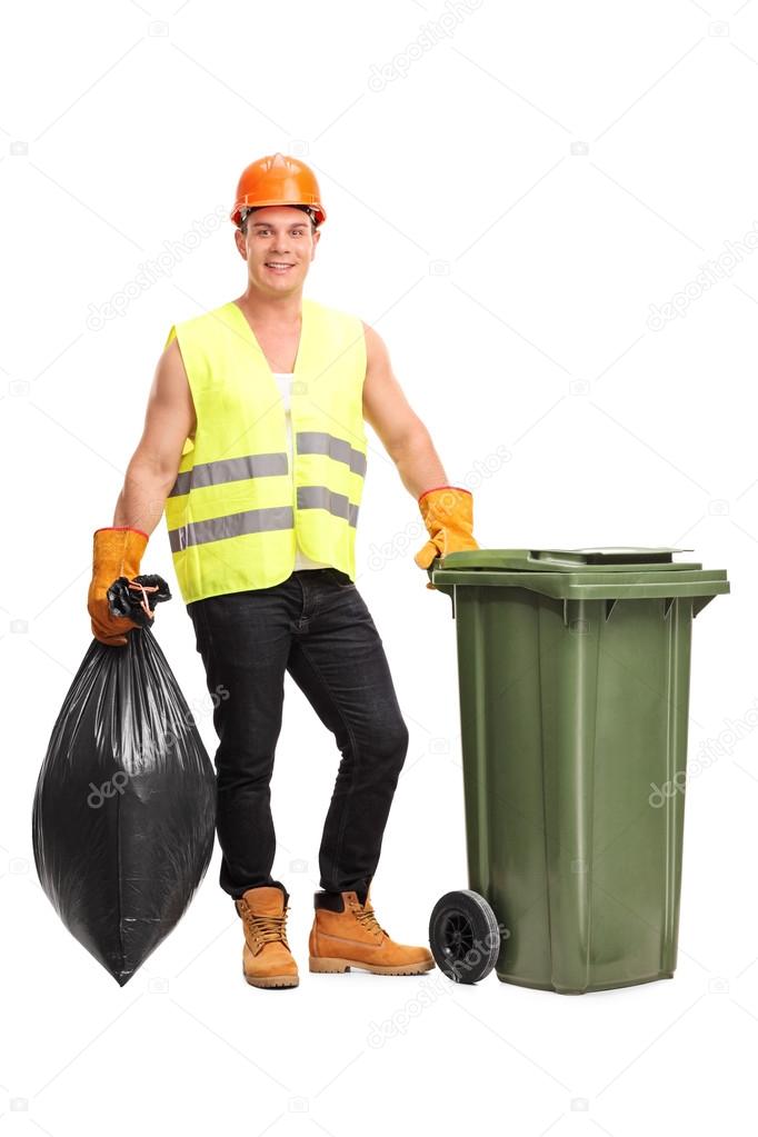 waster collector emptying a trash can