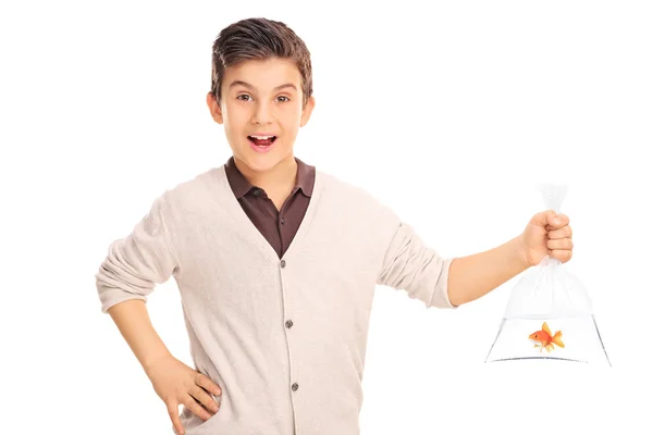 Pojken håller en guldfisk i en plastpåse — Stockfoto