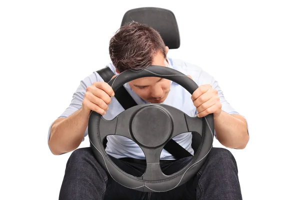 Young driver sleeping while driving — Stock Photo, Image