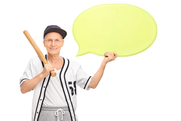 Senior man with baseball bat and speech bubble — Stock Photo, Image