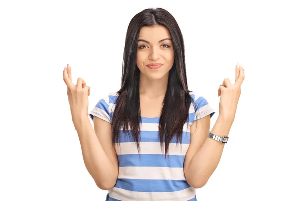 Woman holding her fingers crossed — Stock Photo, Image