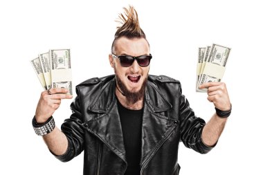 Punk rocker bir kaç para destesi holding 