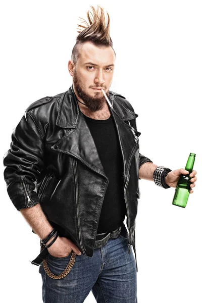 Punk smoking cigarette and holding beer — Stock Photo, Image