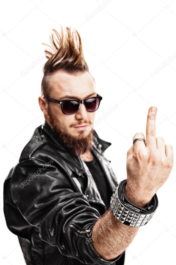 punk rocker showing middle finger