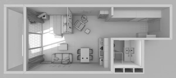 紧凑型公寓内部顶视图网格3D渲染 — 图库照片