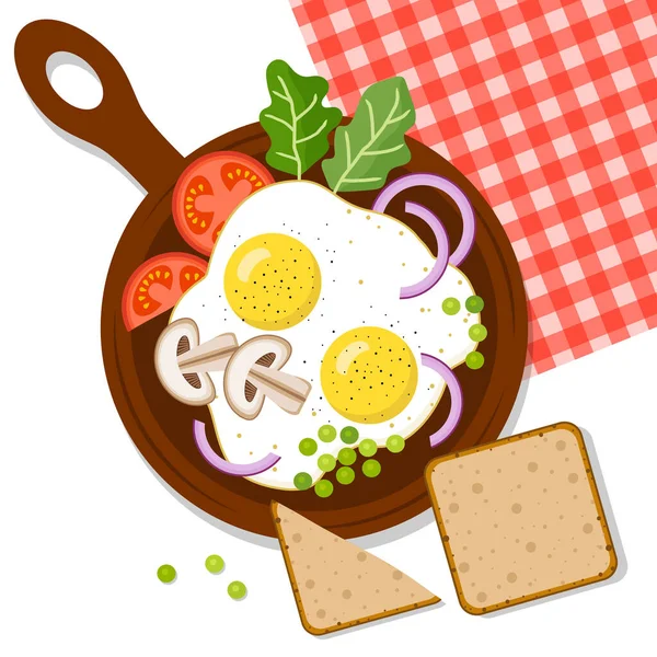 Huevos Fritos Huevos Fritos Verduras Tablero Comida Desayuno Ilustración Vectorial — Vector de stock