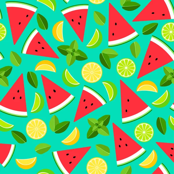 Meyve deseni, karpuz, limon, kireç, nane. Tekstil için parlak yaz geçmişi. Vektör resmi.