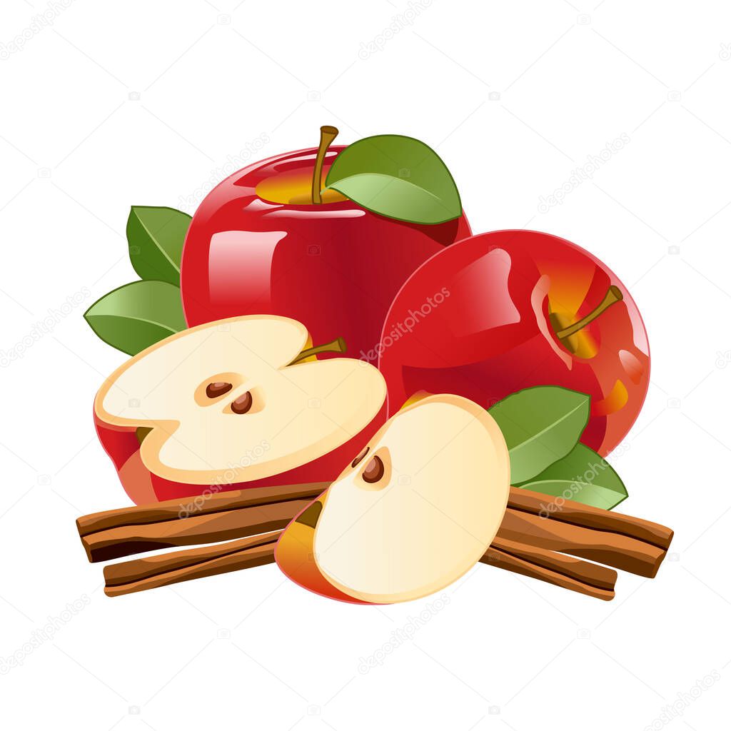 Red apples, whole and slices, as well as cinnamon sticks isolated on a white background, as a packaging design element. Pieces of fruit. Vector image