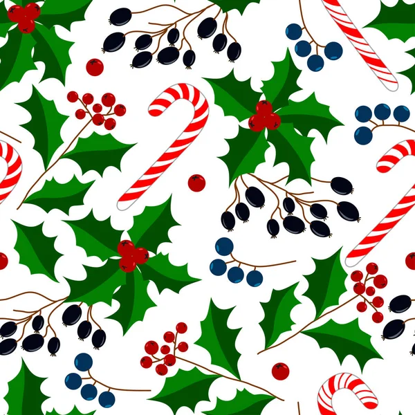 Vektör görüntüsü, kusursuz desen. Noel arkaplanı, şekerler, şekerler, böğürtlenler, yeni yıl. Kağıt ve giysi ambalajı, Noel tarzı.