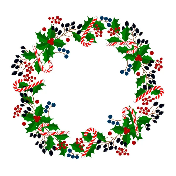 Διάνυσμα Εικόνα Χριστουγεννιάτικο Στεφάνι Από Κλαδιά Χριστουγεννιάτικα Δέντρα Μούρα Λευκό — Διανυσματικό Αρχείο