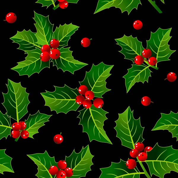 黒を背景に赤い果実を持つクリスマスホリー ファブリックと休日の紙のためのベクトルシームレスパターン — ストックベクタ